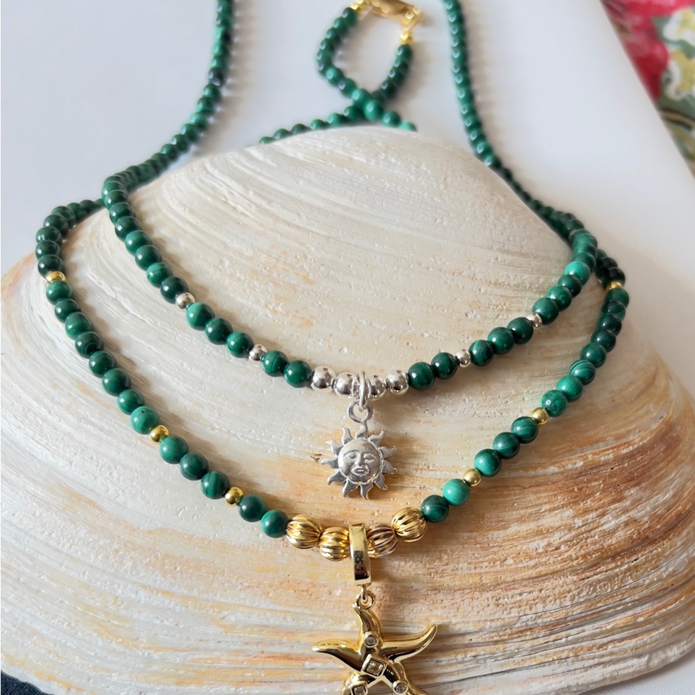 Malachite Natural Stone. Sterling Silver. Beaded Necklace. Gold and Silver